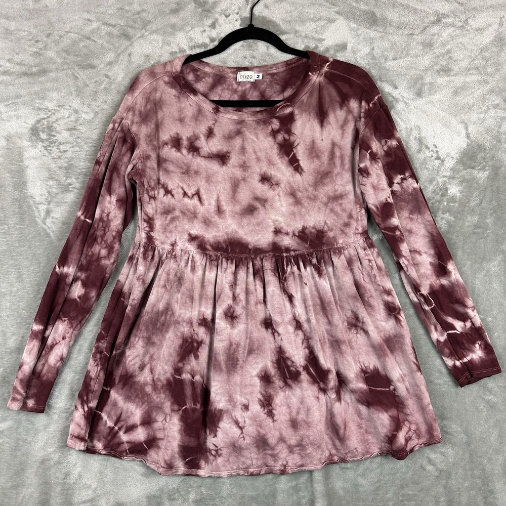Baea Peplum Tunic Top Women's M Plum Purple Red Tie Dye French Terry